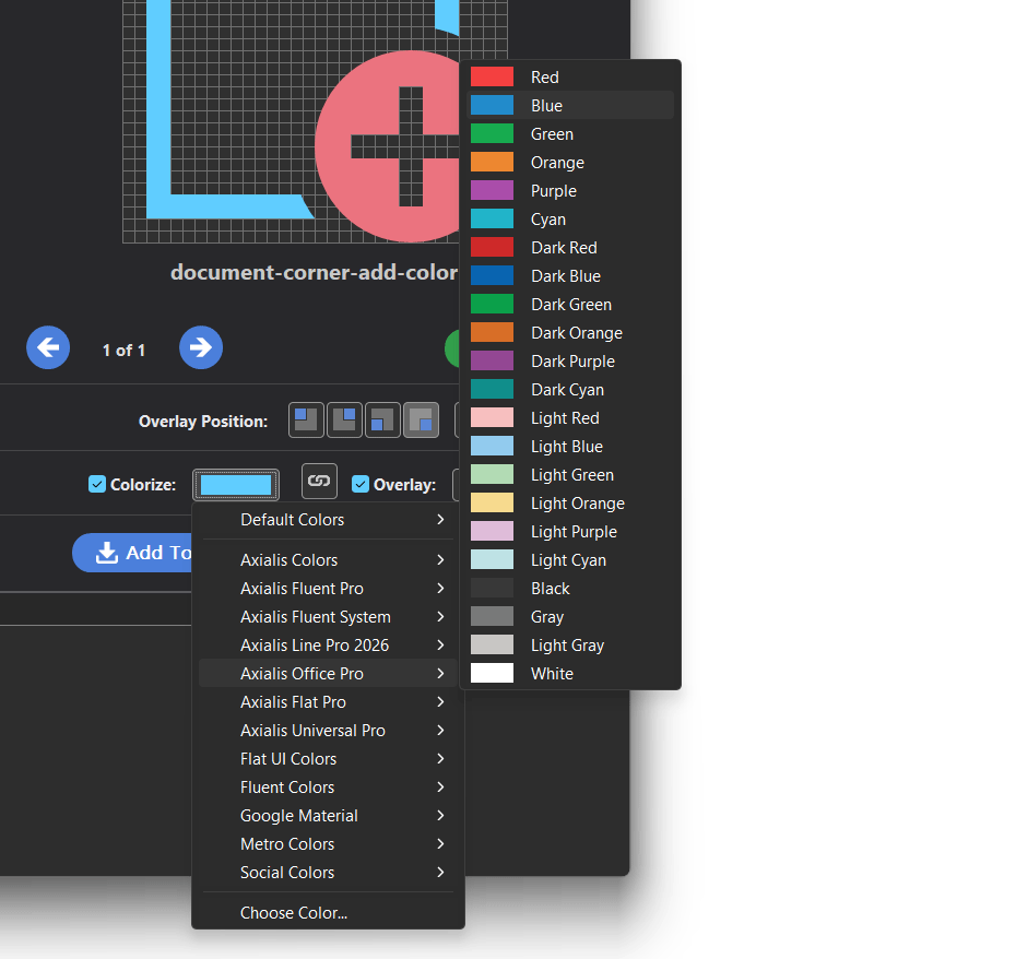 Colorize menu in the Generated Icons panel (palettes and color list)