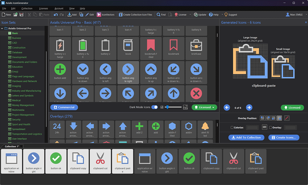 Dark Mode Icons enabled; icons transformed for dark backgrounds and added to the collection