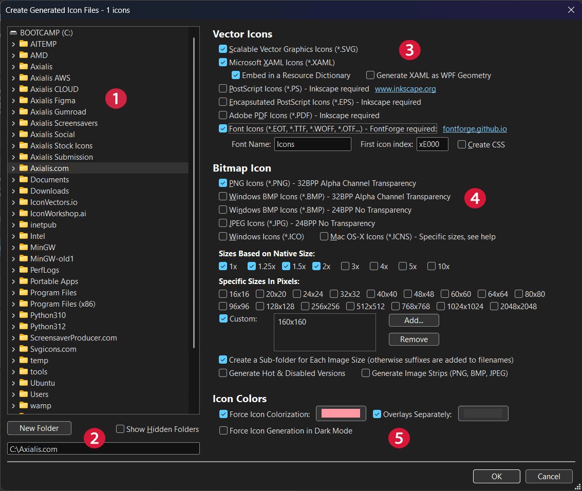Create Generated Icon Files dialog (numbered)