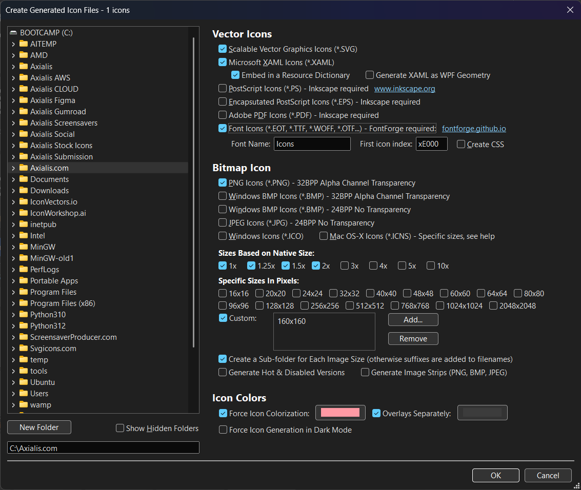 Icon generation options (formats and sizes)