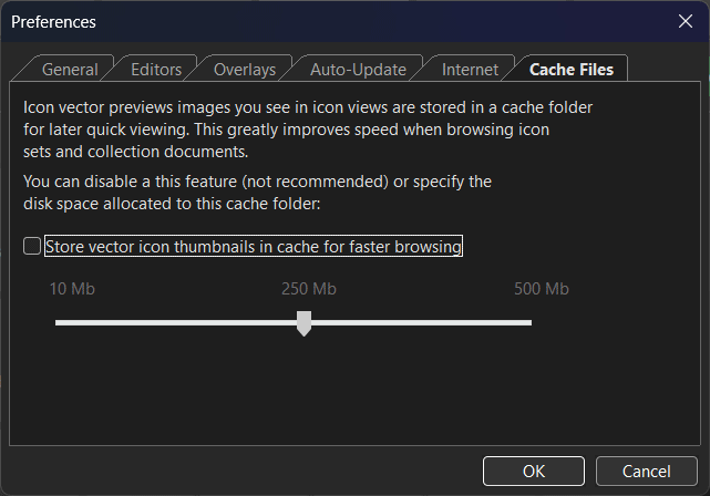 Preferences dialog - Cache Files tab