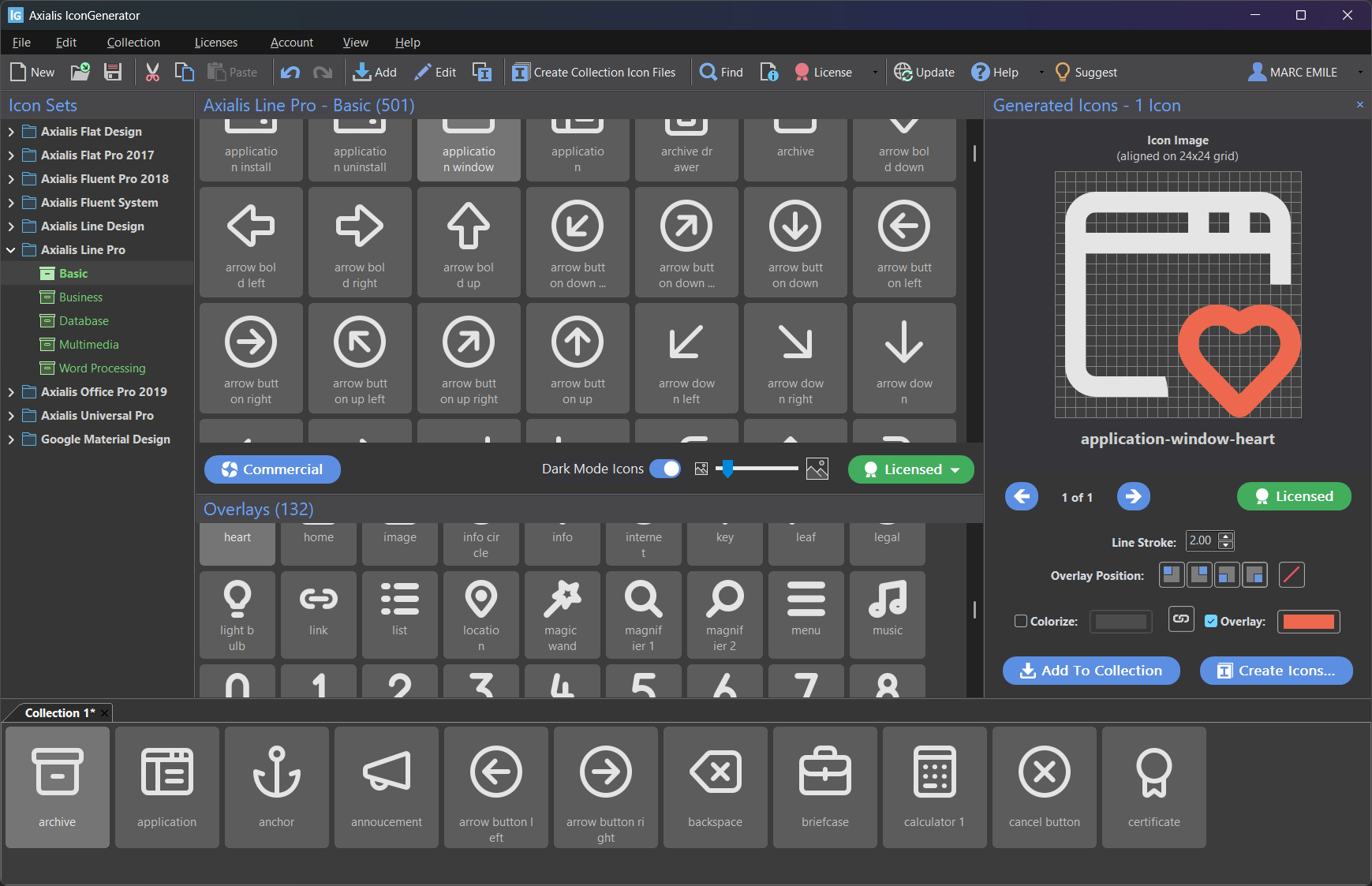 IconGenerator main window showing icon selection, overlays and the Generated Icons panel